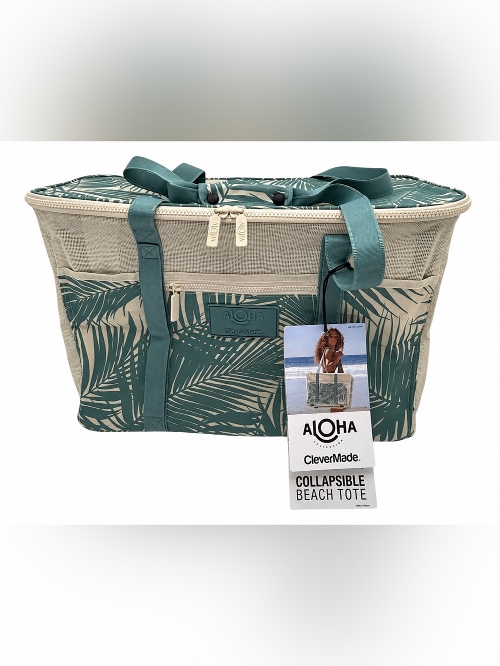 ALOHA Collection Green and Cream Collapsible Beach Tote